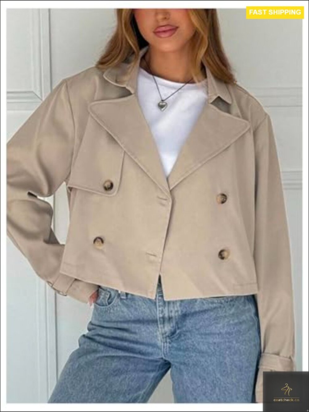 Cropped Trench Coat Lapel Collar Double Breasted Lightweight Business Casual - Picture 4 of 5